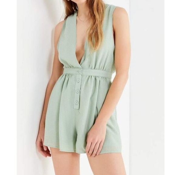 Urban Outfitters Pants - Urban Outfitters Plaid Chiffon Plunging Button Down Romper Mint Green Medium